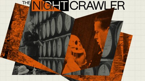 A storytelling collage featuring a man inspecting barrels, a person holding a skull mask, another man observing the mask, and the text "THE NIGHTCRAWLER" in bold black and orange.