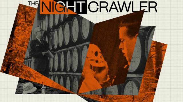 A storytelling collage featuring a man inspecting barrels, a person holding a skull mask, another man observing the mask, and the text "THE NIGHTCRAWLER" in bold black and orange.