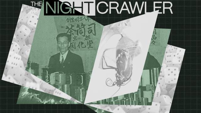 Collage with a man in a suit, stacked mugs, an upside-down creature, dice, and the text "THE NIGHTCRAWLER" at the top on a dark grid background—hinting at the power of intuition amid surreal imagery.