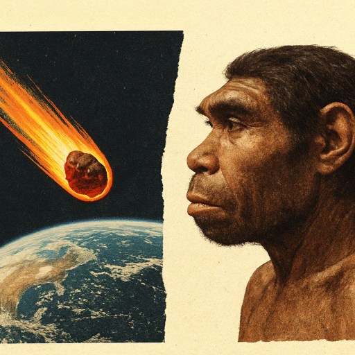 A man looking at a meteorite.