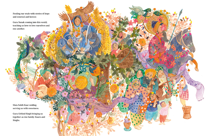 Colorful illustration showing a group of people, children, and animals surrounded by lush plants, flowers, and flowing fabrics, engaged in joyful community activities. Text appears on the left.