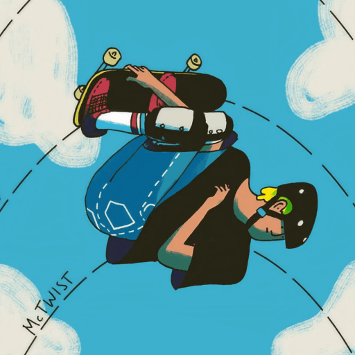 Illustration of a skateboarder in mid-air performing a trick, with labeled rotation angles (720°, 900°) and the term “McTwist” on a blue sky background with clouds.