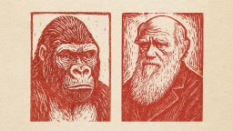 Two red-toned, woodcut-style portraits side by side: one of a gorilla and one of an older man with a beard, on a beige background.