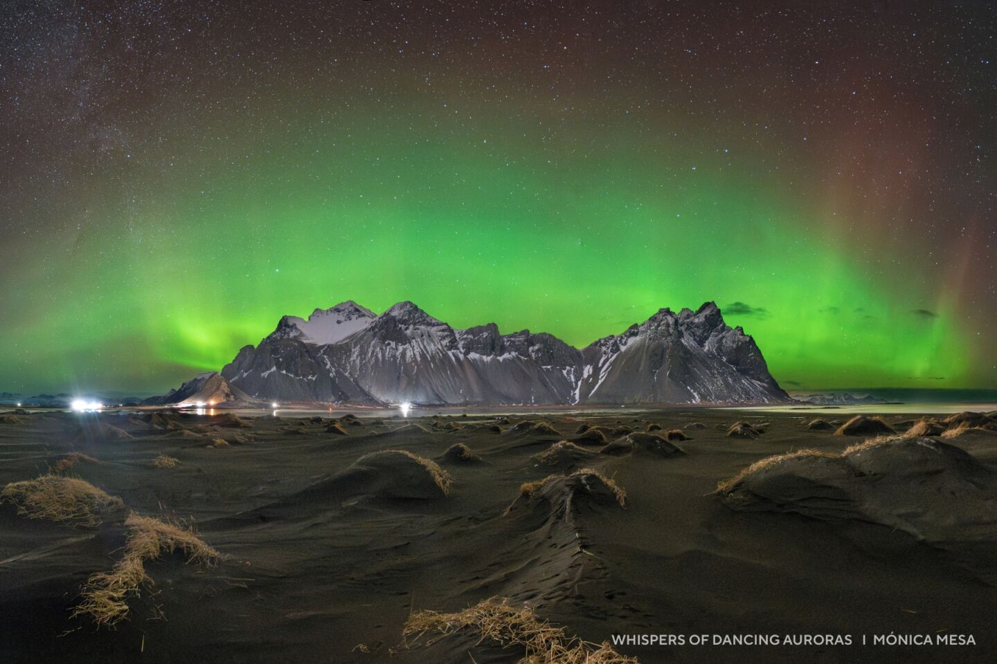 Bright green aurora borealis lights up the 2025 night sky above snow-capped mountains and a dark, sandy foreground with scattered tufts of grass.