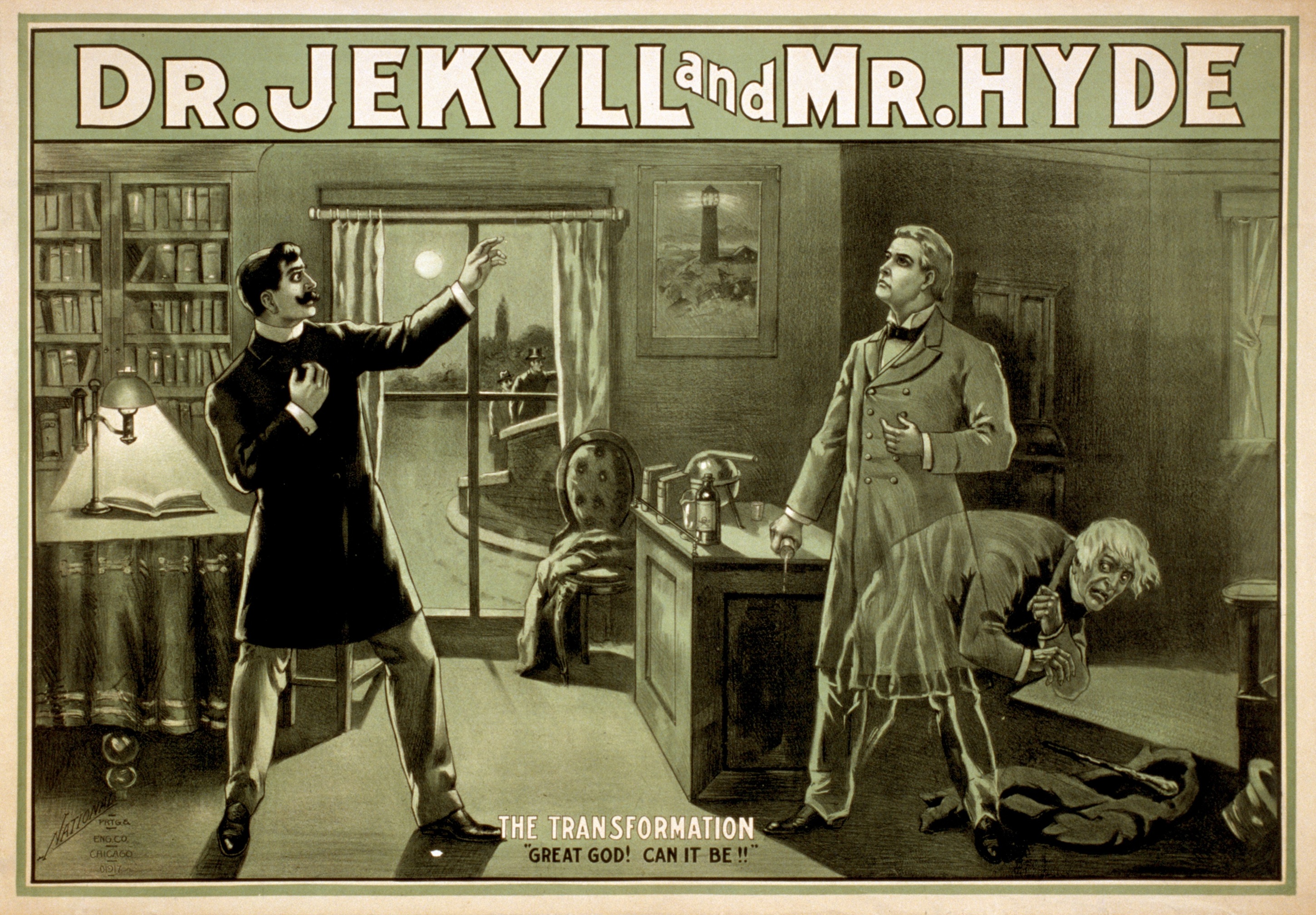 A dramatic scene from "Dr. Jekyll and Mr. Hyde" shows Dr. Jekyll transforming, with Mr. Hyde cowering on the floor and a shocked onlooker nearby in a Victorian study.