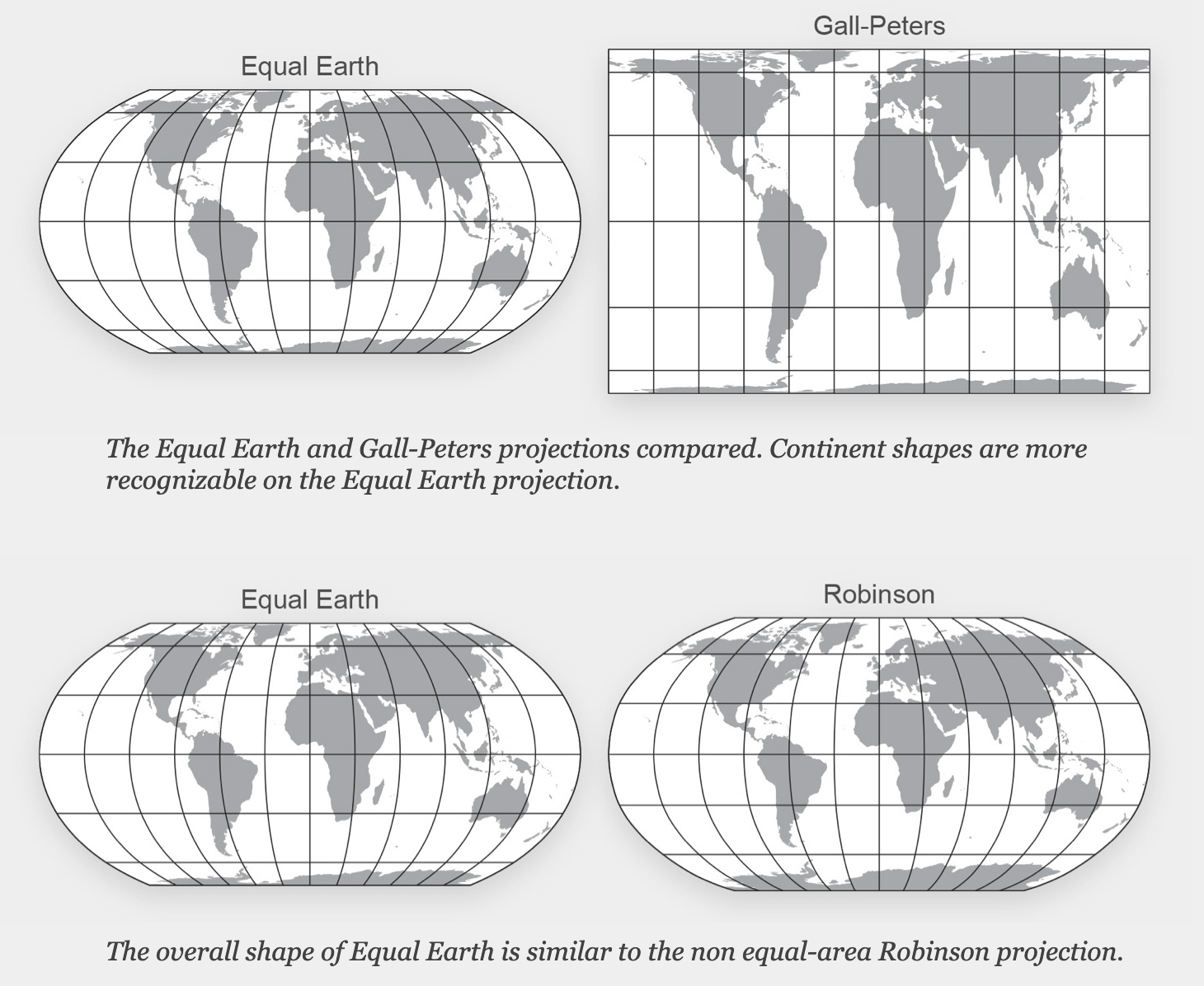 Four world maps compare the Equal Earth, Gall-Peters, and Robinson projections, showing differences in continent shapes and overall map forms.
