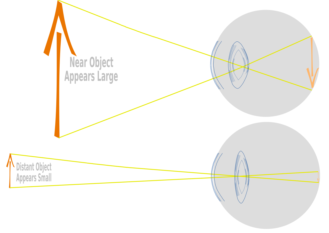 Diagram showing how a near object appears large and a distant object appears small due to the angles at which light enters the eyes, an effect also considered in the science of LASIK vision correction.