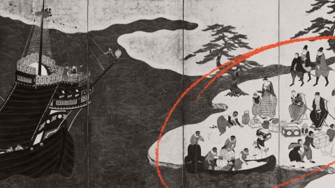 Black and white illustration of a ship at shore, with people unloading goods and interacting on land; orange arc marks part of the scene.