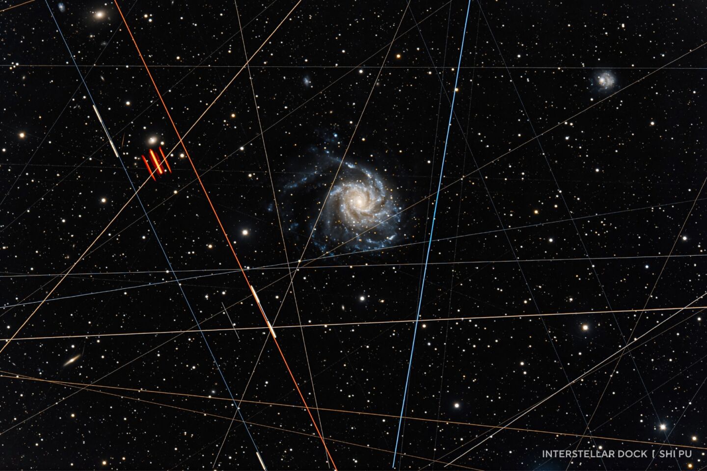 A spiral galaxy is seen in deep space, surrounded by numerous stars and intersecting colored lines, with a small red object on the left. Inspired by 2025 night sky images. Text in the bottom right corner reads "INTERSTELLAR DOCK | SHI PU.