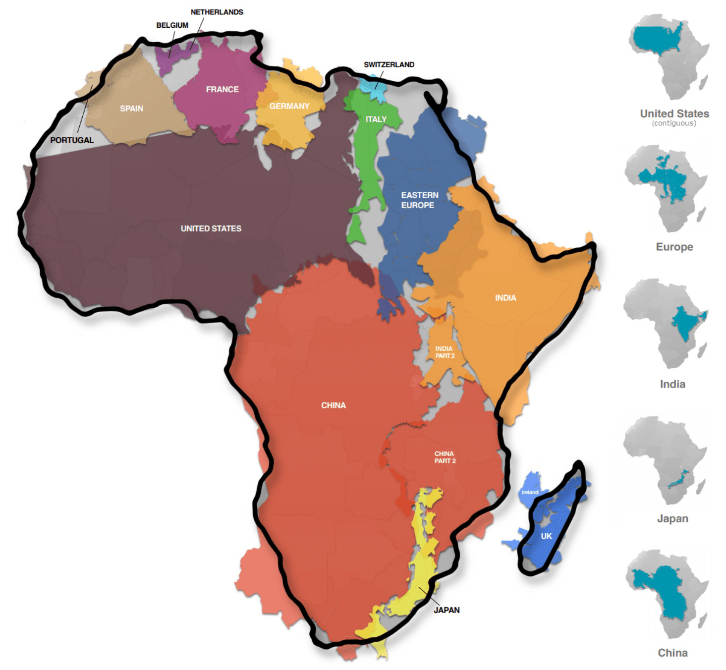 Map showing the relative size of Africa with outlines of the US, Europe, China, India, and others overlaid for comparison; inset maps show each region's shape next to Africa.