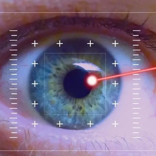 Close-up of a human eye with a digital interface overlay and a red laser beam targeting the pupil, illustrating the science of LASIK and advanced vision correction technology.