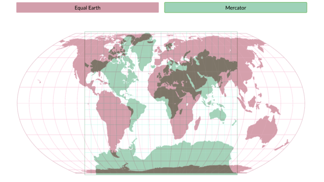 A world map comparing landmass outlines of the Equal Earth projection in pink and Mercator projection in green, with grid lines overlaid.