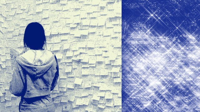 A person stands facing a wall covered in sticky notes on the left; abstract blue and white sparkling patterns form a striking nexus on the right side of the image.