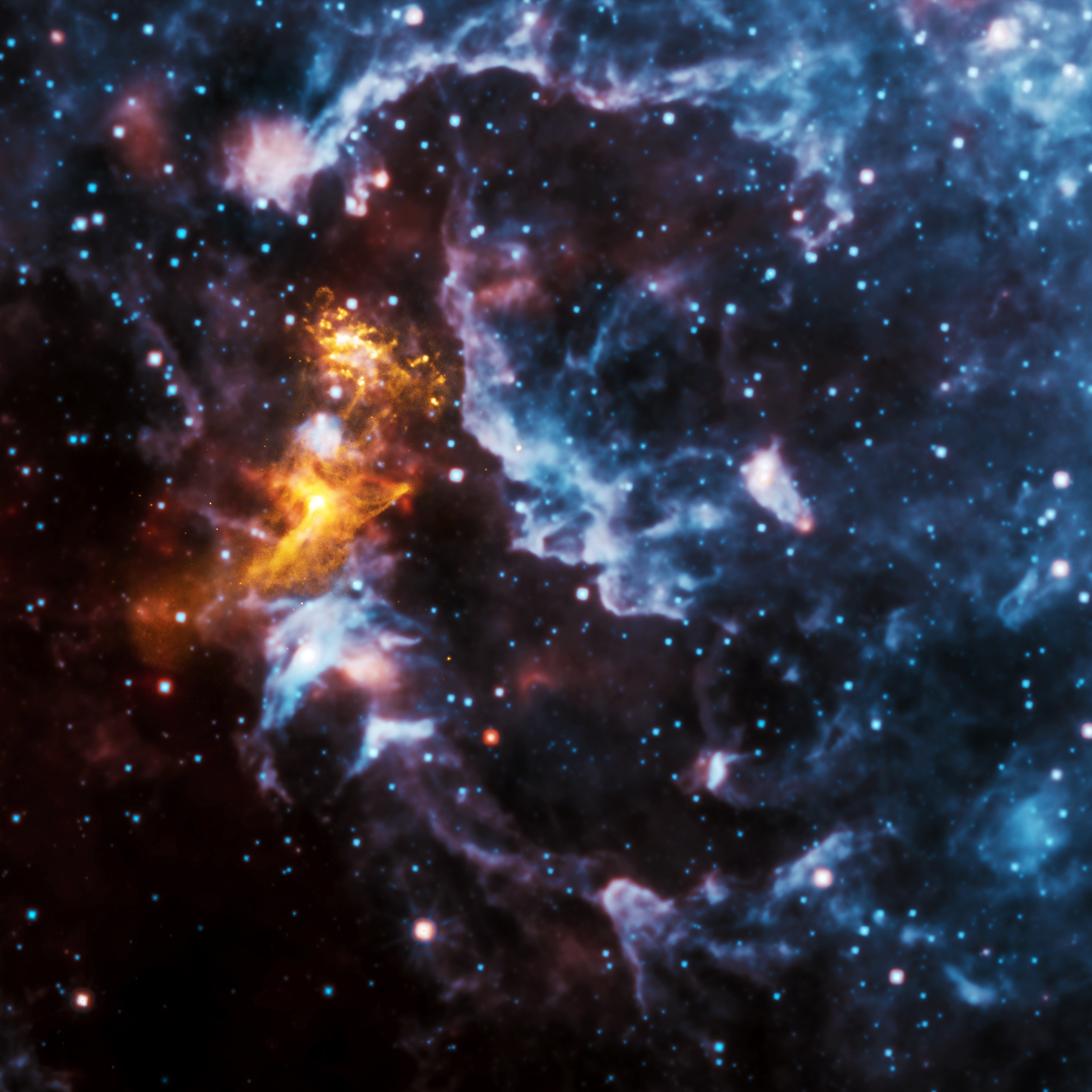 A vibrant nebula with glowing yellow and orange clouds, believed to be carved by a dead star, surrounded by blue and purple gas and numerous stars—earning it the nickname "Hand of God.