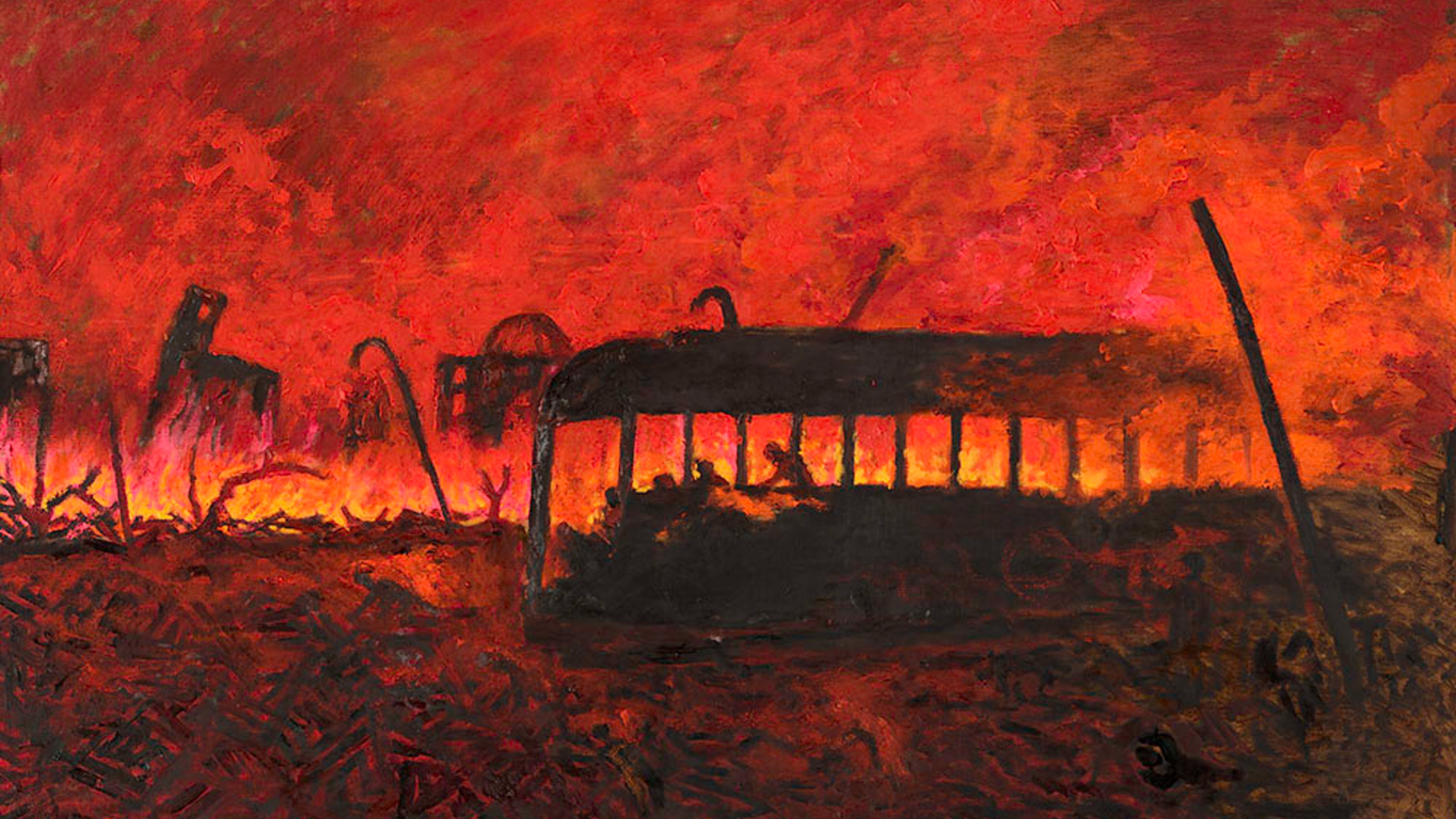 A painting depicts a burning cityscape with a dark silhouette of a passenger-filled streetcar in the foreground against intense red and orange flames.