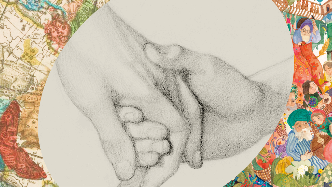 Pencil drawing of an adult hand holding a child's hand, surrounded by colorful, illustrated borders with various faces and map elements.