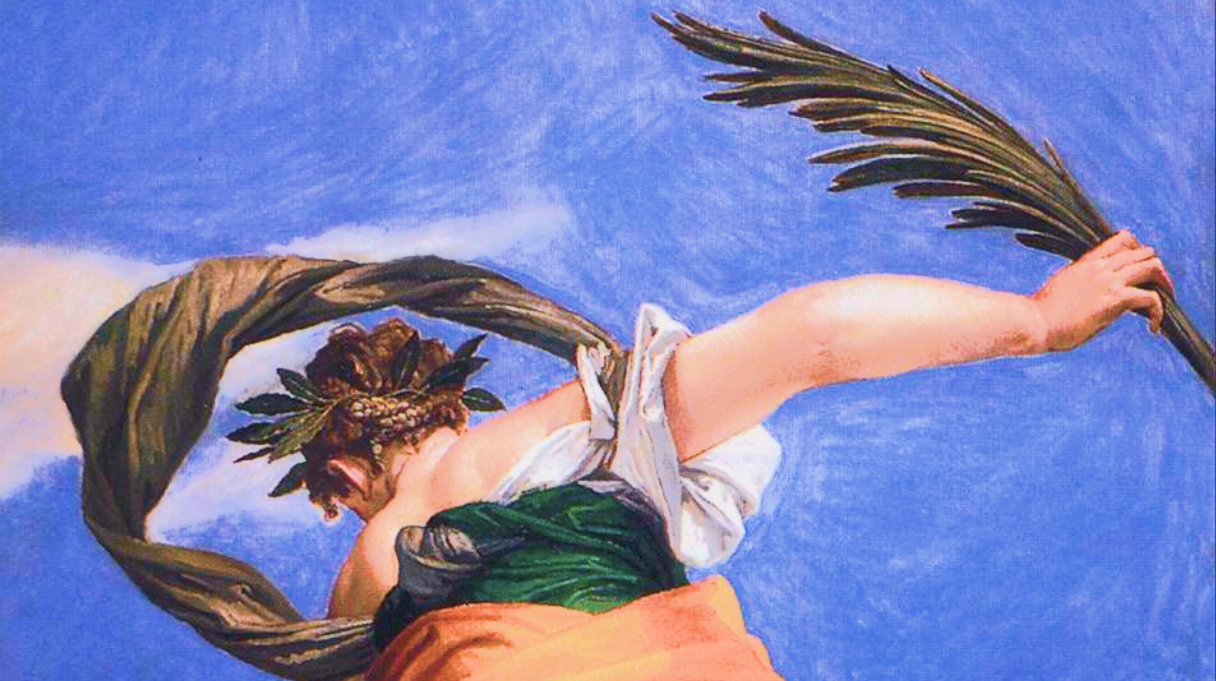 A person in classical attire holds a laurel wreath and a palm branch against a blue sky background.