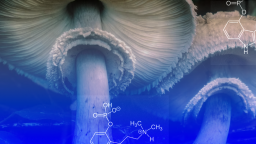 Close-up view of mushroom gills with overlaid chemical structure diagrams, including molecular formulas and lines, set against a blue-tinted background.