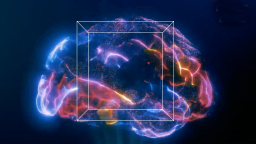 A digital illustration of a human brain with glowing neon lines and a translucent geometric cube overlay at the center.
