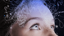 Close-up of a person's eyes looking up, with white abstract doodles and lines superimposed over their forehead, symbolizing thoughts or imagination.