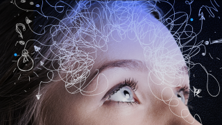 Close-up of a person's eyes looking up, with white abstract doodles and lines superimposed over their forehead, symbolizing thoughts or imagination.