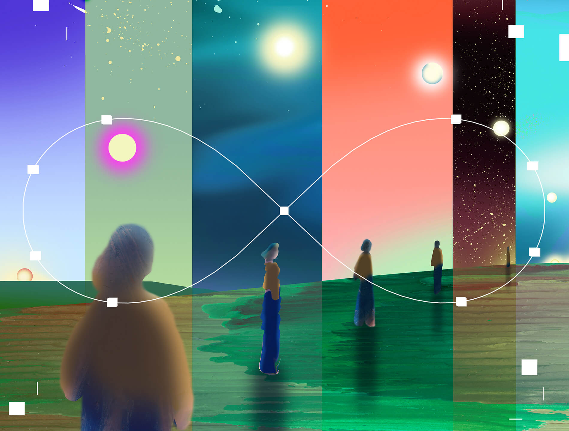 Digital artwork showing five human figures under different colored skies, divided into panels representing day and night, with an infinity symbol overlay.