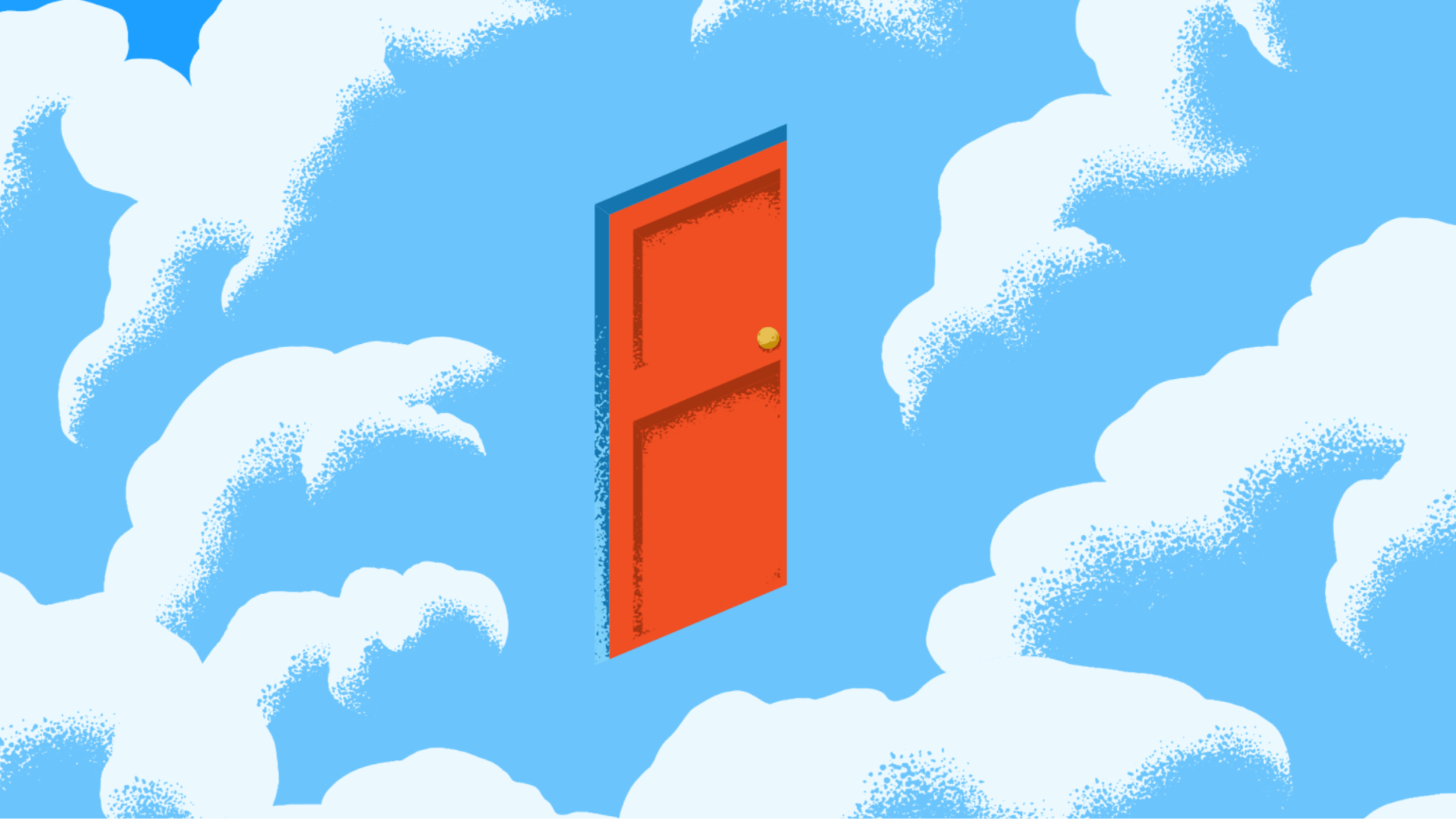 A red door with a gold doorknob is floating in the middle of a blue sky surrounded by white clouds.