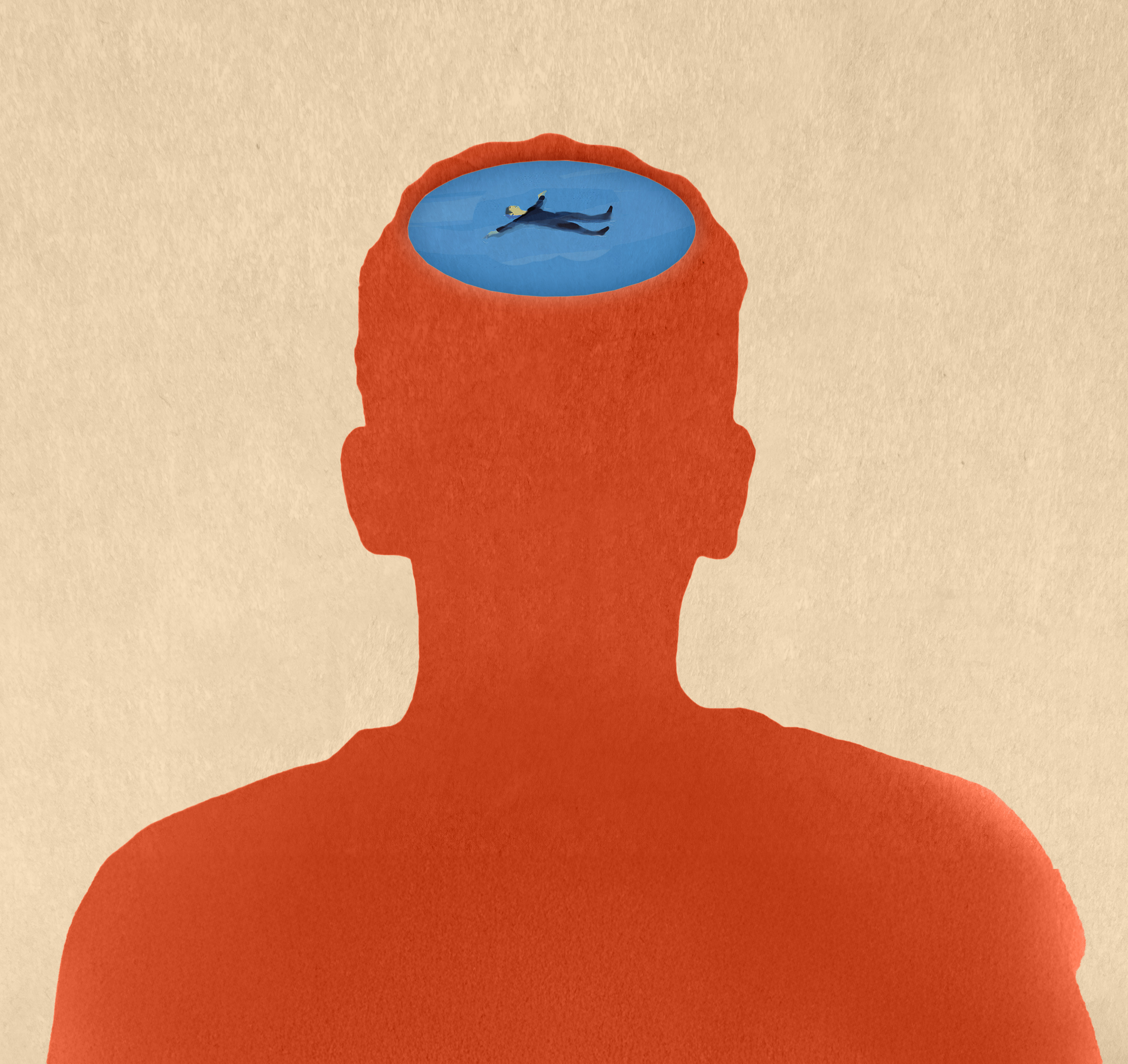 Silhouette of a person with the top of their head replaced by a blue pool, inside which a figure is floating on their back—an illustration evoking the gift of consciousness.
