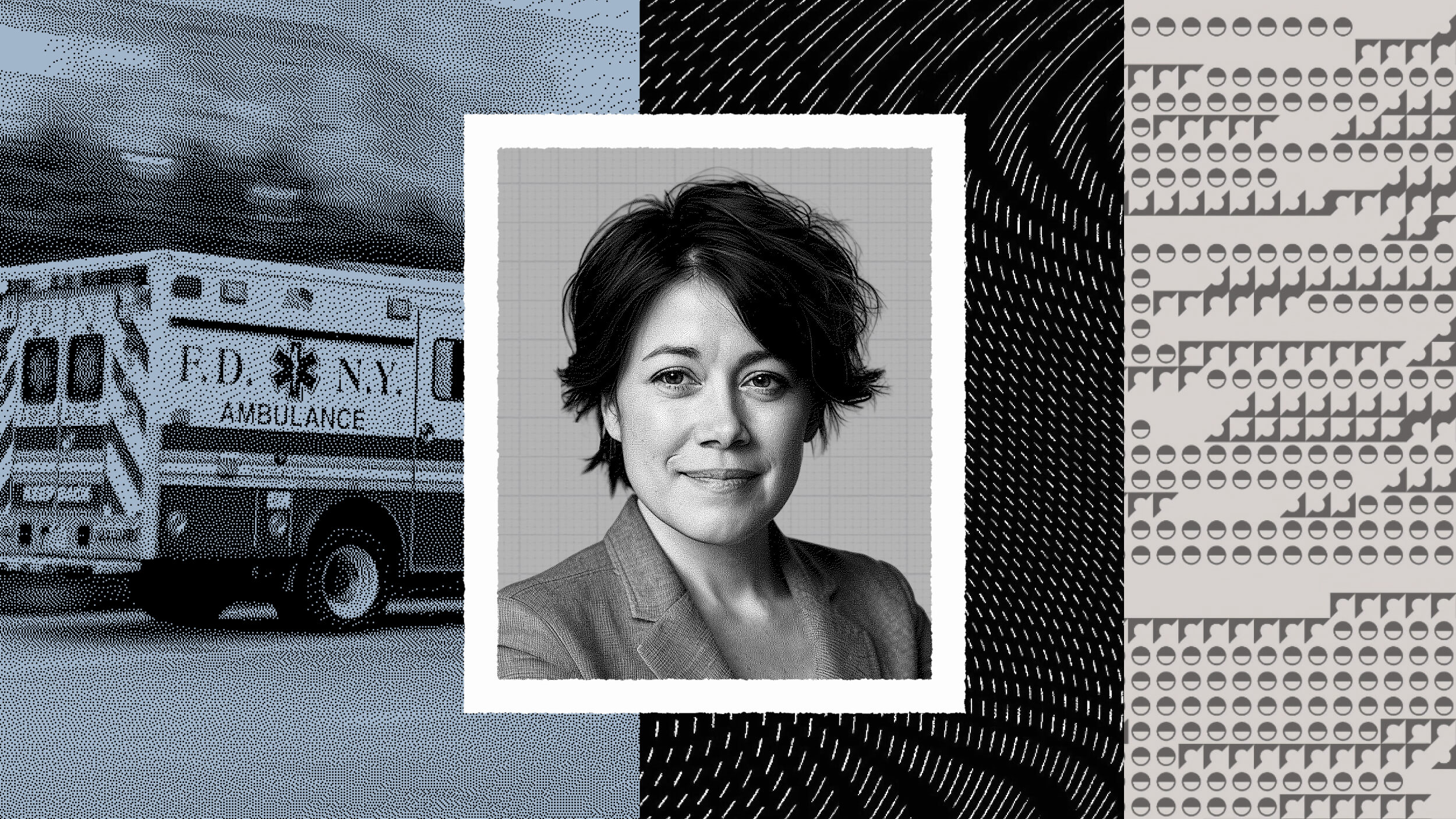 A grayscale portrait of Caterina Fake is centered between an FDNY ambulance on the left and patterned designs with circular symbols on the right.