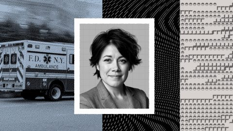 A grayscale portrait of Caterina Fake is centered between an FDNY ambulance on the left and patterned designs with circular symbols on the right.