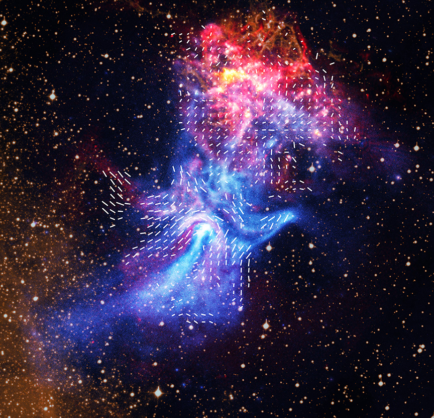 Colorful nebula in space with bright clouds in red, blue, and purple hues, carved by a dead star—white arrow indicators show the direction of magnetic fields, creating the effect known as the "Hand of God.