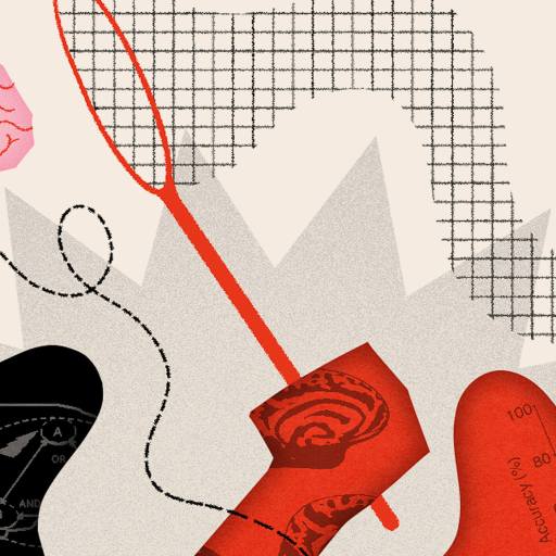 Abstract collage with a butterfly, brain sketches, graphs, and scientific diagrams overlaid with red, black, and beige shapes and textured patterns.