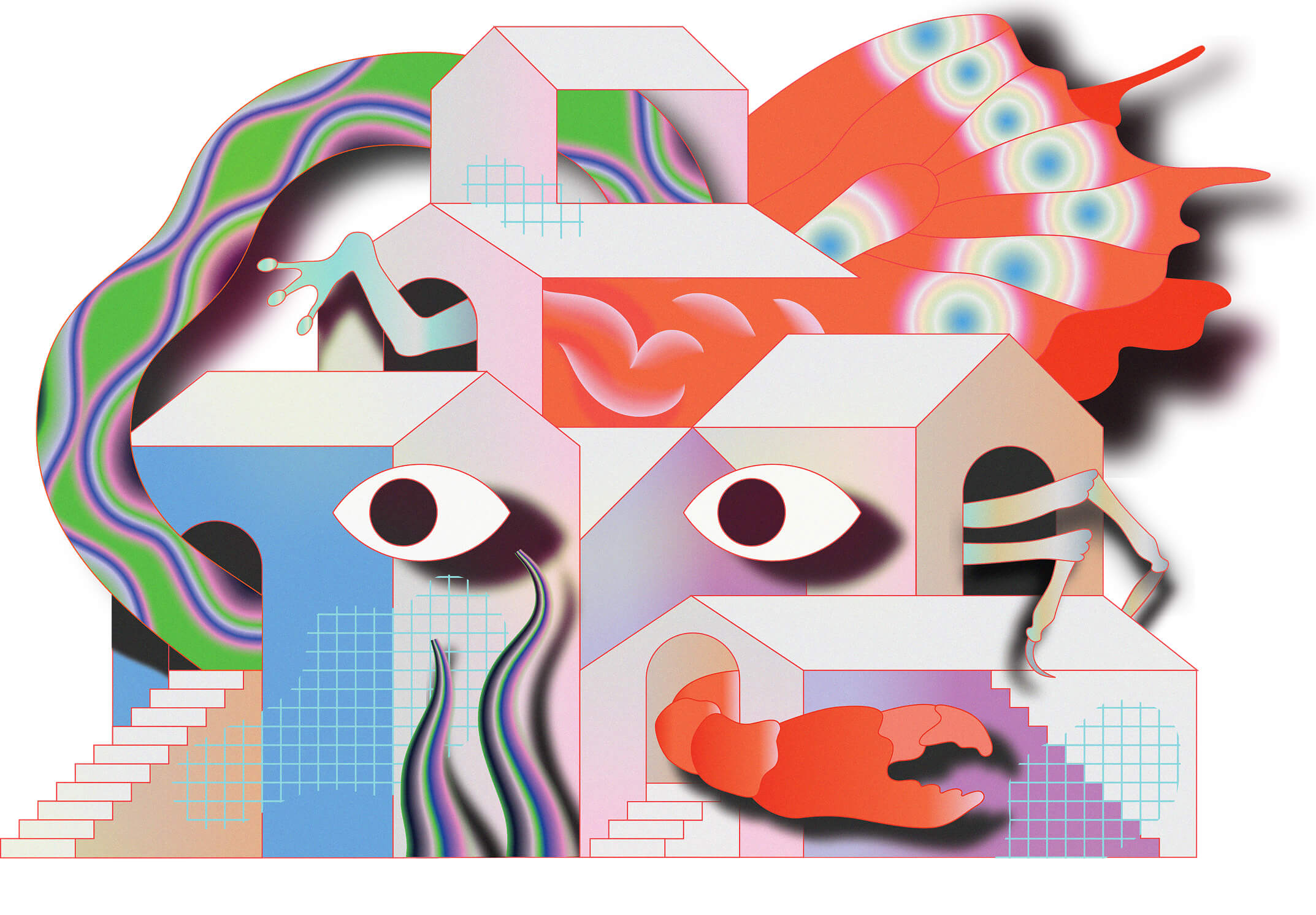 Surreal illustration of geometric buildings with eyes, abstract limbs, a claw, and a colorful wing in the background, blending organic and architectural elements.