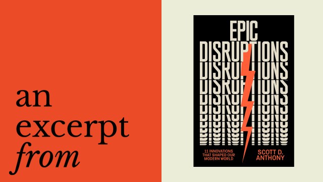 Book cover of "Epic Disruptions" by Scott D. Anthony, featuring bold, stacked text and an orange lightning bolt—evoking the spirit of innovators like Mark Zuckerberg; left side reads "an excerpt from" on an orange background.