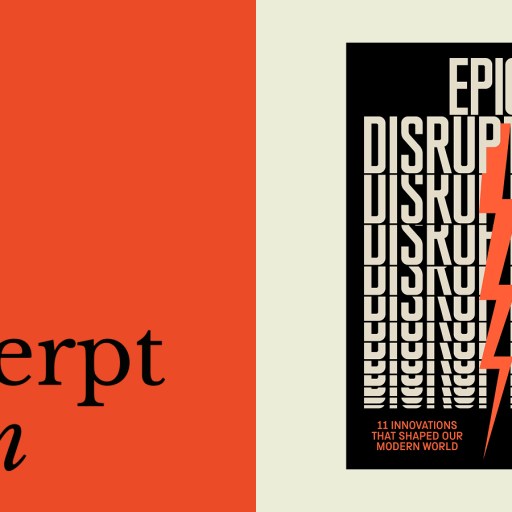 Book cover of "Epic Disruptions" by Scott D. Anthony, featuring bold, stacked text and an orange lightning bolt—evoking the spirit of innovators like Mark Zuckerberg; left side reads "an excerpt from" on an orange background.