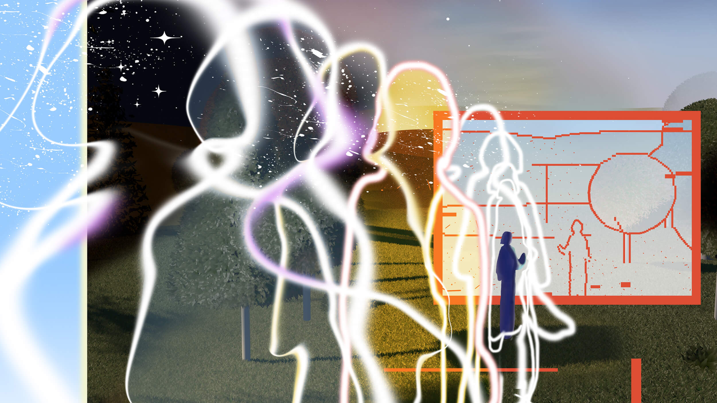 Abstract illustration of translucent human figures standing in line, with a mix of a natural outdoor scene and geometric digital elements in the background.
