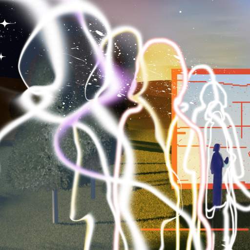 Abstract illustration of translucent human figures standing in line, with a mix of a natural outdoor scene and geometric digital elements in the background.
