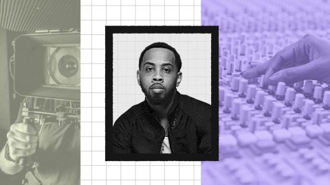A black-and-white portrait of JoJo Simmons is centered between an image of a film camera on the left and a close-up of a hand adjusting audio mixing controls on the right.