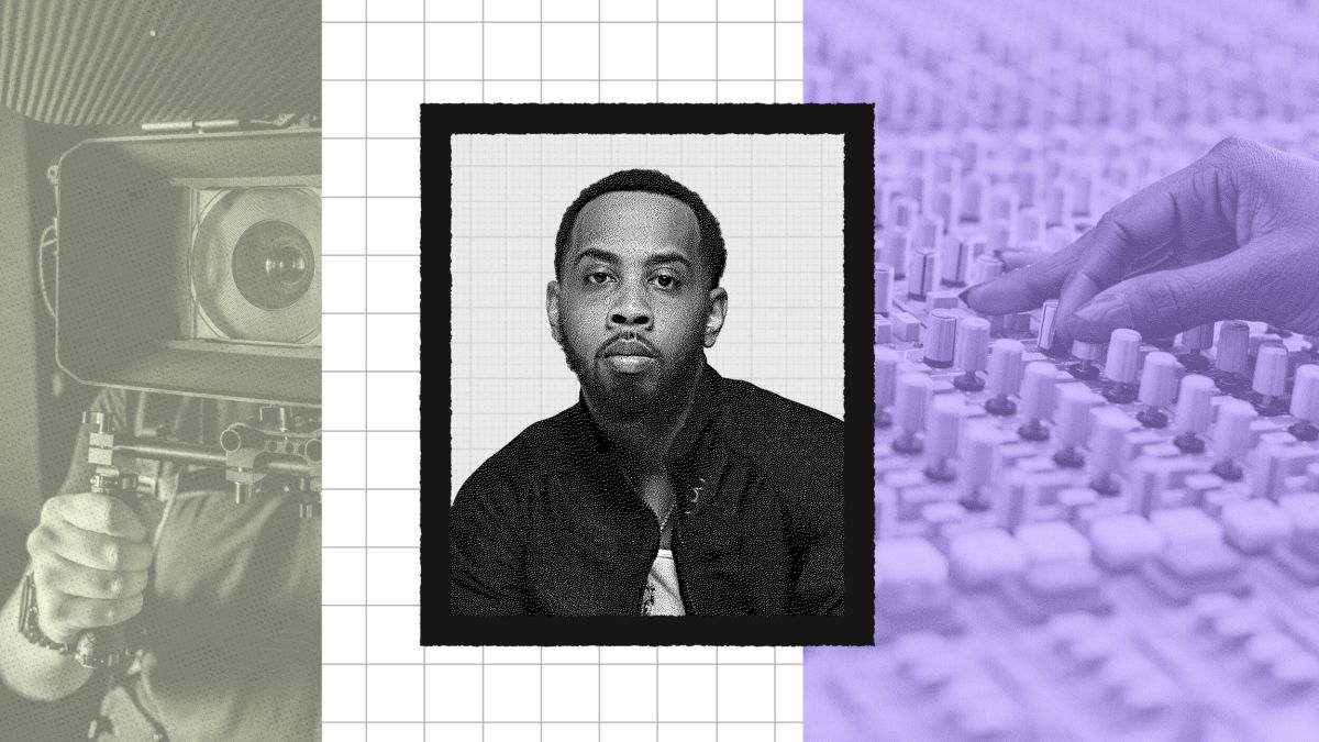 A black-and-white portrait of JoJo Simmons is centered between an image of a film camera on the left and a close-up of a hand adjusting audio mixing controls on the right.