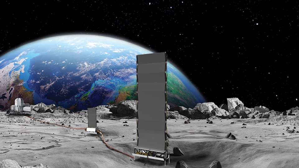 Two tall, rectangular scientific instruments, including a NASA nuclear reactor prototype, stand on the rocky lunar surface with Earth visible in the background against the blackness of space.