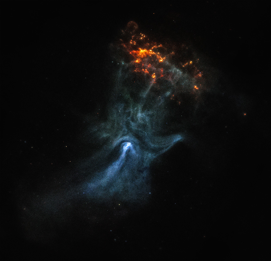 A nebula in deep space features a blue, hand-shaped formation—often called the Hand of God—carved by a dead star, with bright orange-red filaments at the top against a black background.