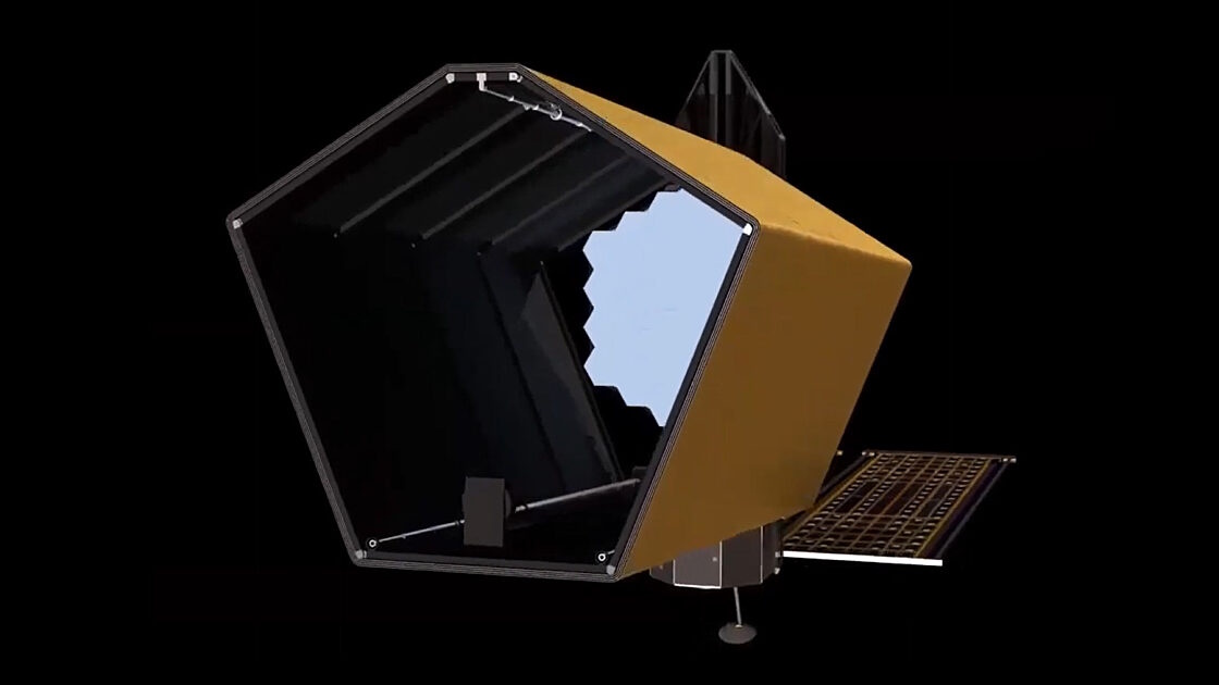 A hexagonal telescope with a gold exterior and an open, black interior is shown against a black background, highlighting NASA habitable worlds observatory science.