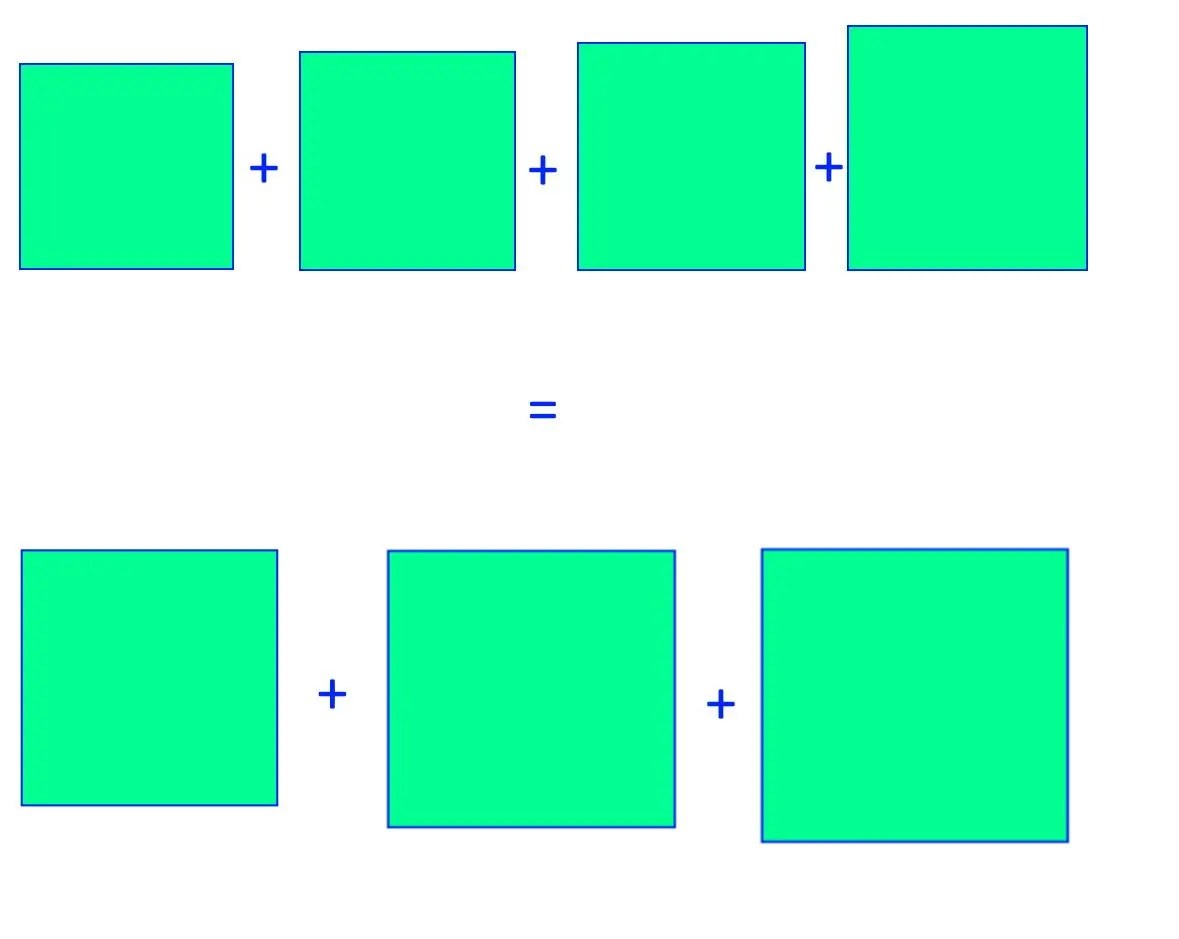 Four green squares on the top row, each separated by plus signs; three larger green squares below, also separated by plus signs, with an equals sign between the rows—suggestive of patterns found in pythagorean runs.