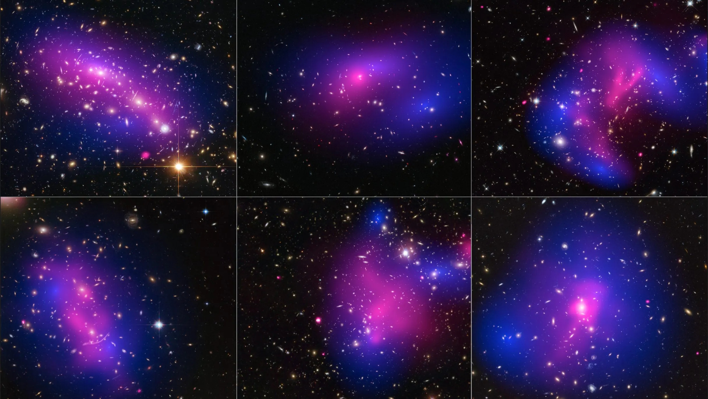 Six panels show clusters of galaxies in space, with bright stars and galaxies overlaid by colored regions in blue and pink indicating gas and dark matter distribution—shedding light on some of the biggest mysteries surrounding the origin of our universe.