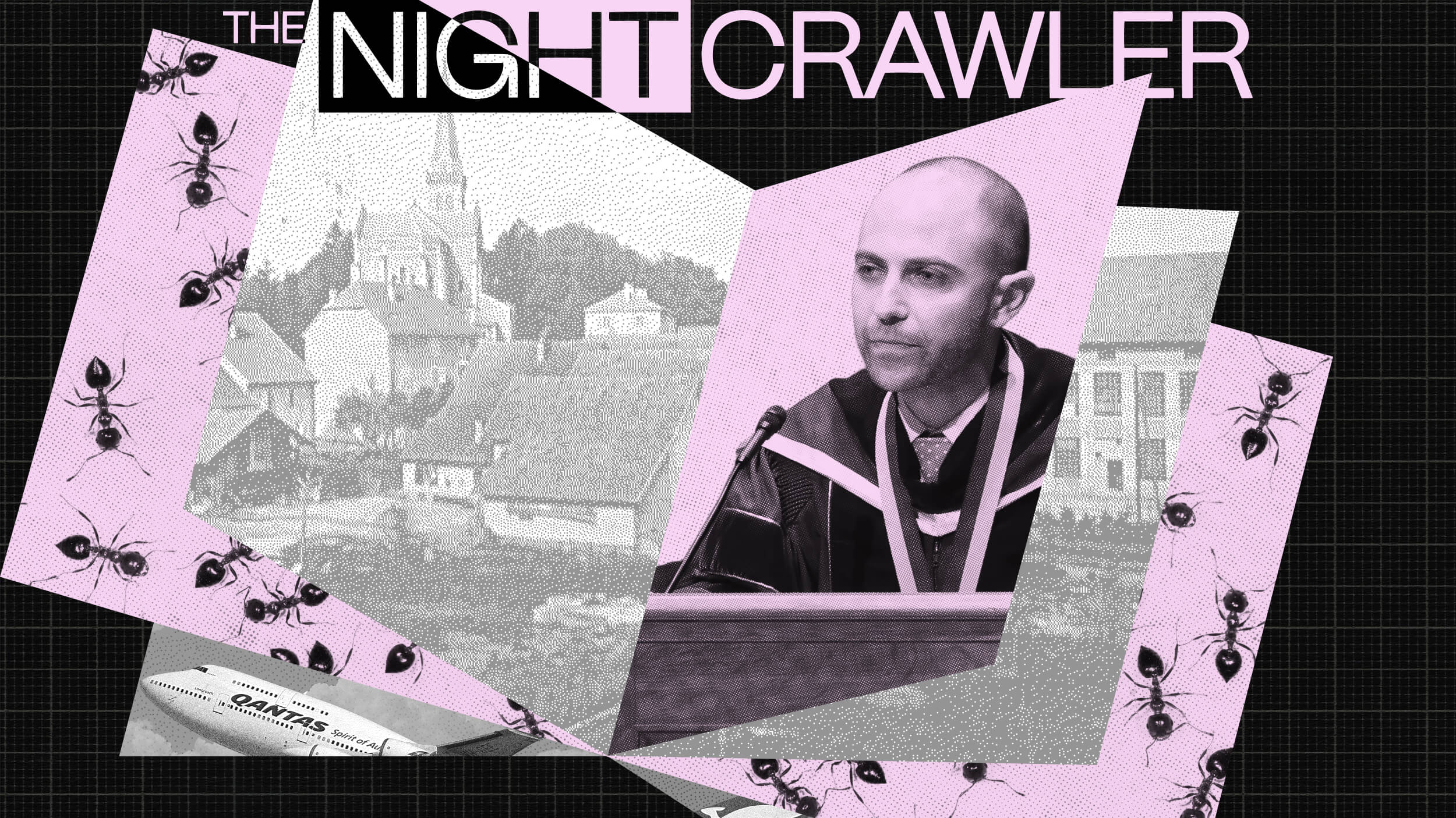 A collage features a man in academic regalia at a podium, a black-and-white rural village, ants, and the words “THE NIGHTCRAWLER” in bold text at the top, evoking the art of reason amid contrasting scenes.