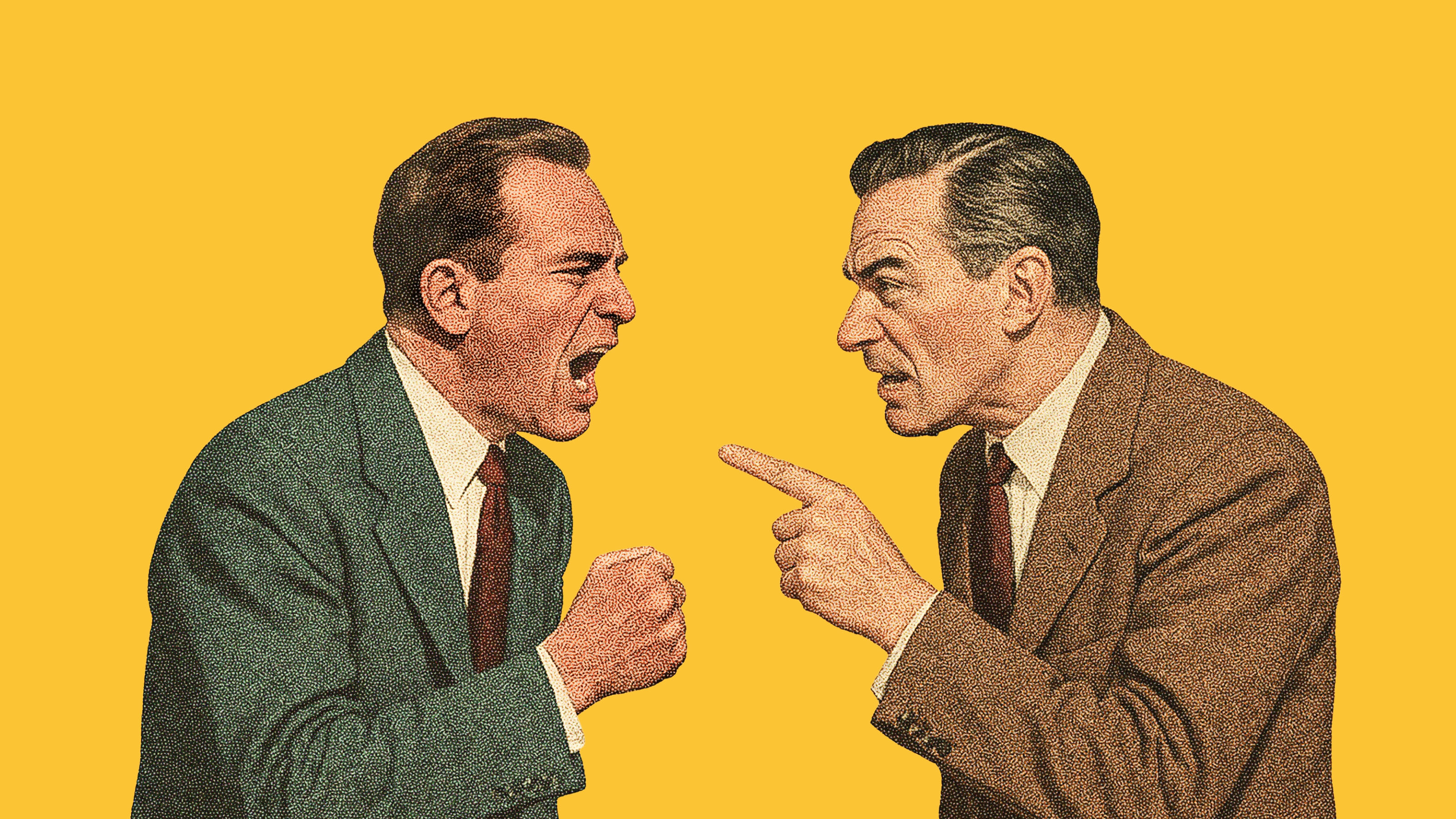 Two men in suits face each other against a yellow background, one yelling with a clenched fist, the other pointing and appearing angry.