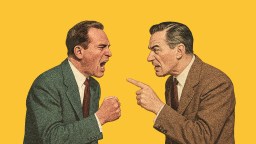 Two men in suits face each other against a yellow background, one yelling with a clenched fist, the other pointing and appearing angry.