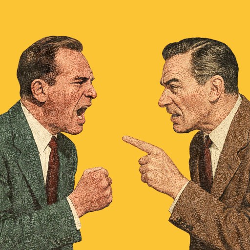 Two men in suits face each other against a yellow background, one yelling with a clenched fist, the other pointing and appearing angry.
