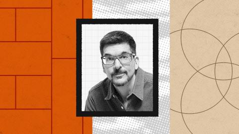 Black and white portrait of Alex Osterwalder with glasses and facial hair, framed against a graphic background featuring striking orange, white, and beige geometric patterns.