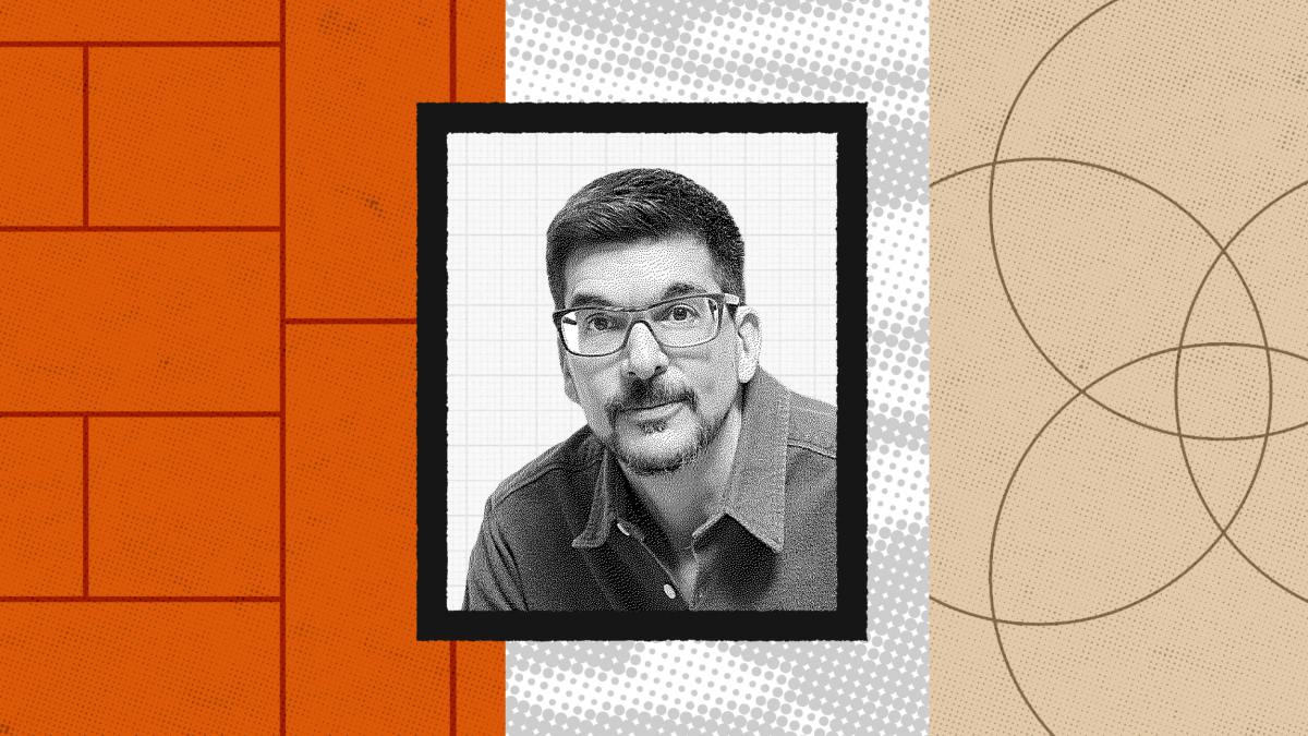 Black and white portrait of Alex Osterwalder with glasses and facial hair, framed against a graphic background featuring striking orange, white, and beige geometric patterns.